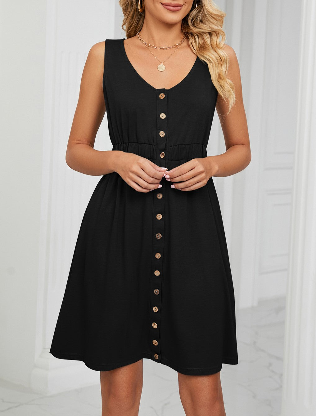 Sleeveless Button Front Dress With Side Pockets - Black