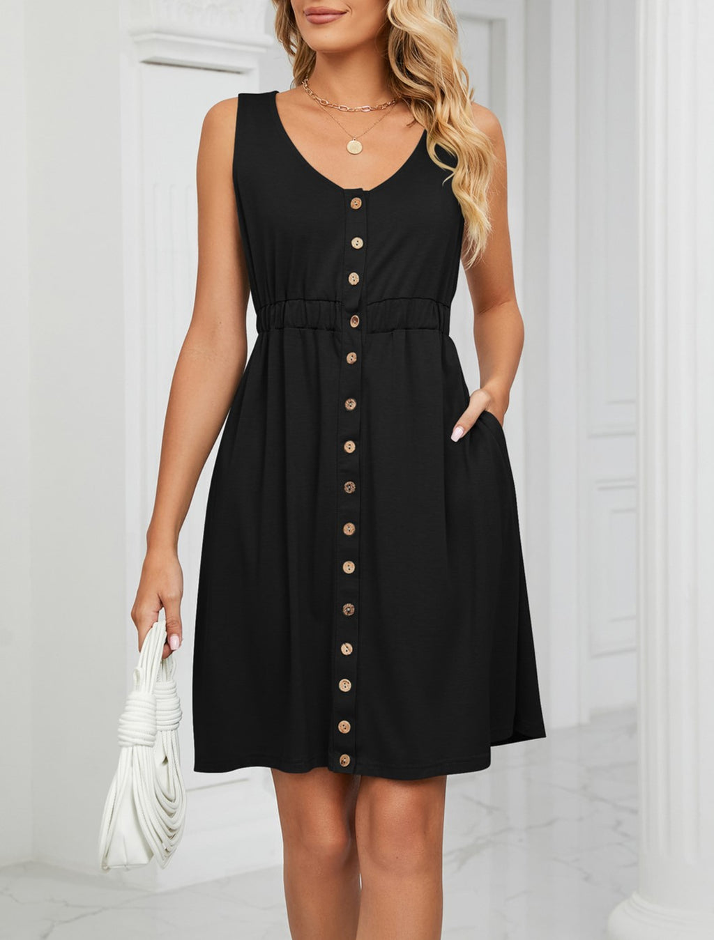Sleeveless Button Front Dress With Side Pockets - Black - 1