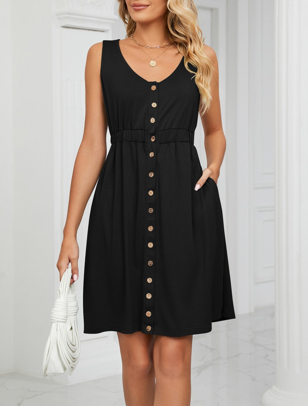 Sleeveless Button Front Dress With Side Pockets - Black - 1
