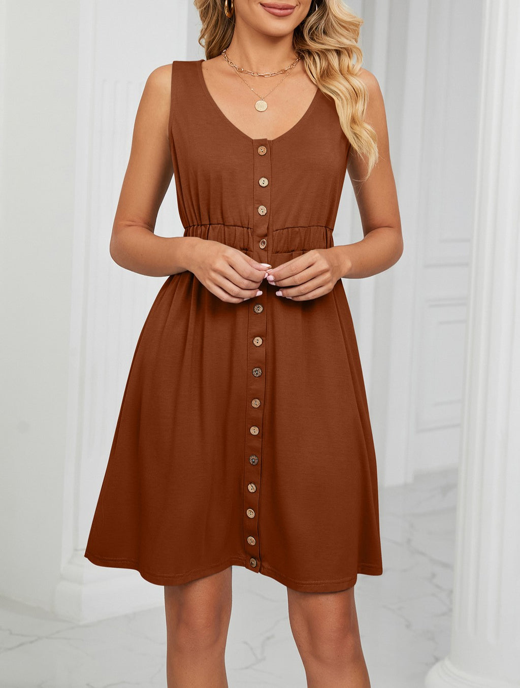 Sleeveless Button Front Dress With Side Pockets - Caramel
