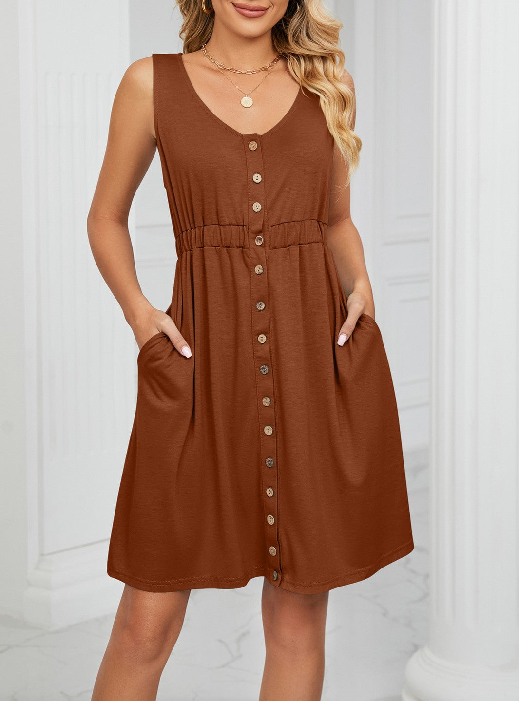 Sleeveless Button Front Dress With Side Pockets - Caramel - 1