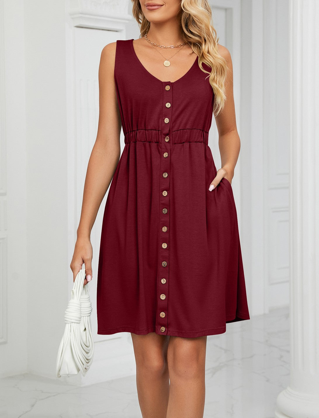 Sleeveless Button Front Dress With Side Pockets - Winered