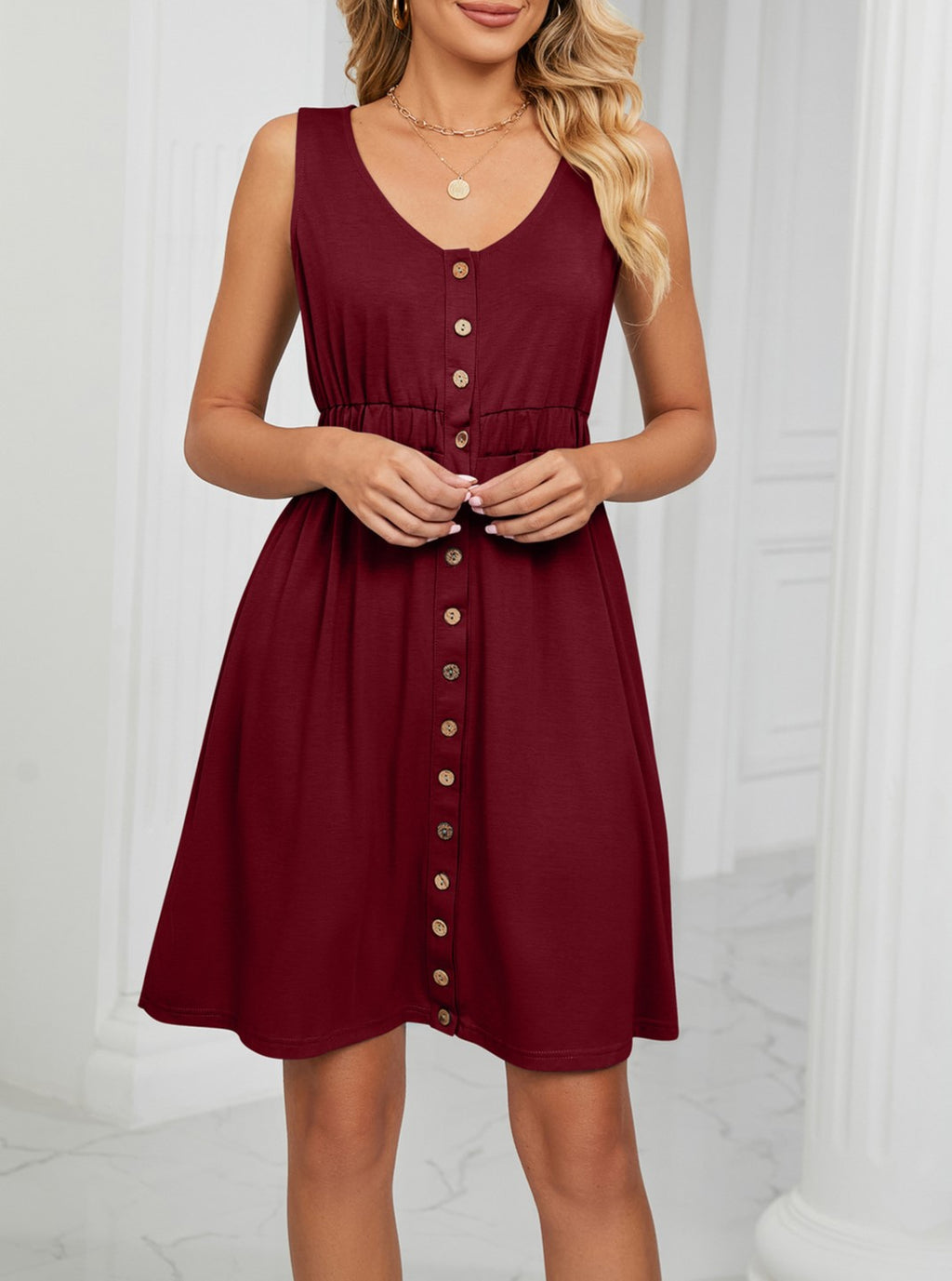 Sleeveless Button Front Dress With Side Pockets - Winered - 1