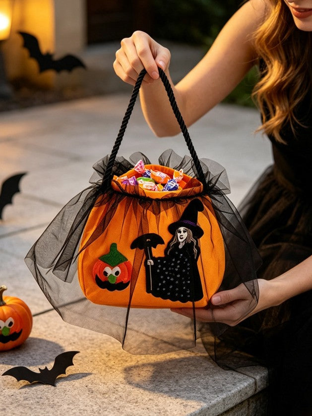 Spooky Witch Drawstring Bucket Treat Bag - Orange