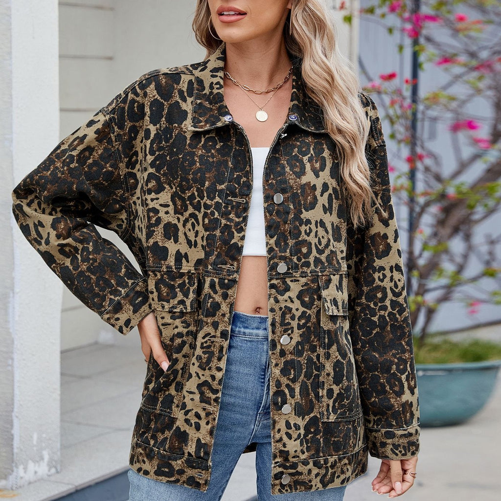 Collared Leopard Denim Utility Jacket - Brown