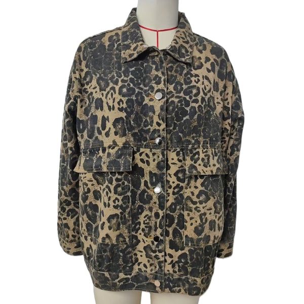 Collared Leopard Denim Utility Jacket - Brown - 1