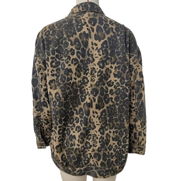 Collared Leopard Denim Utility Jacket - Brown - 2