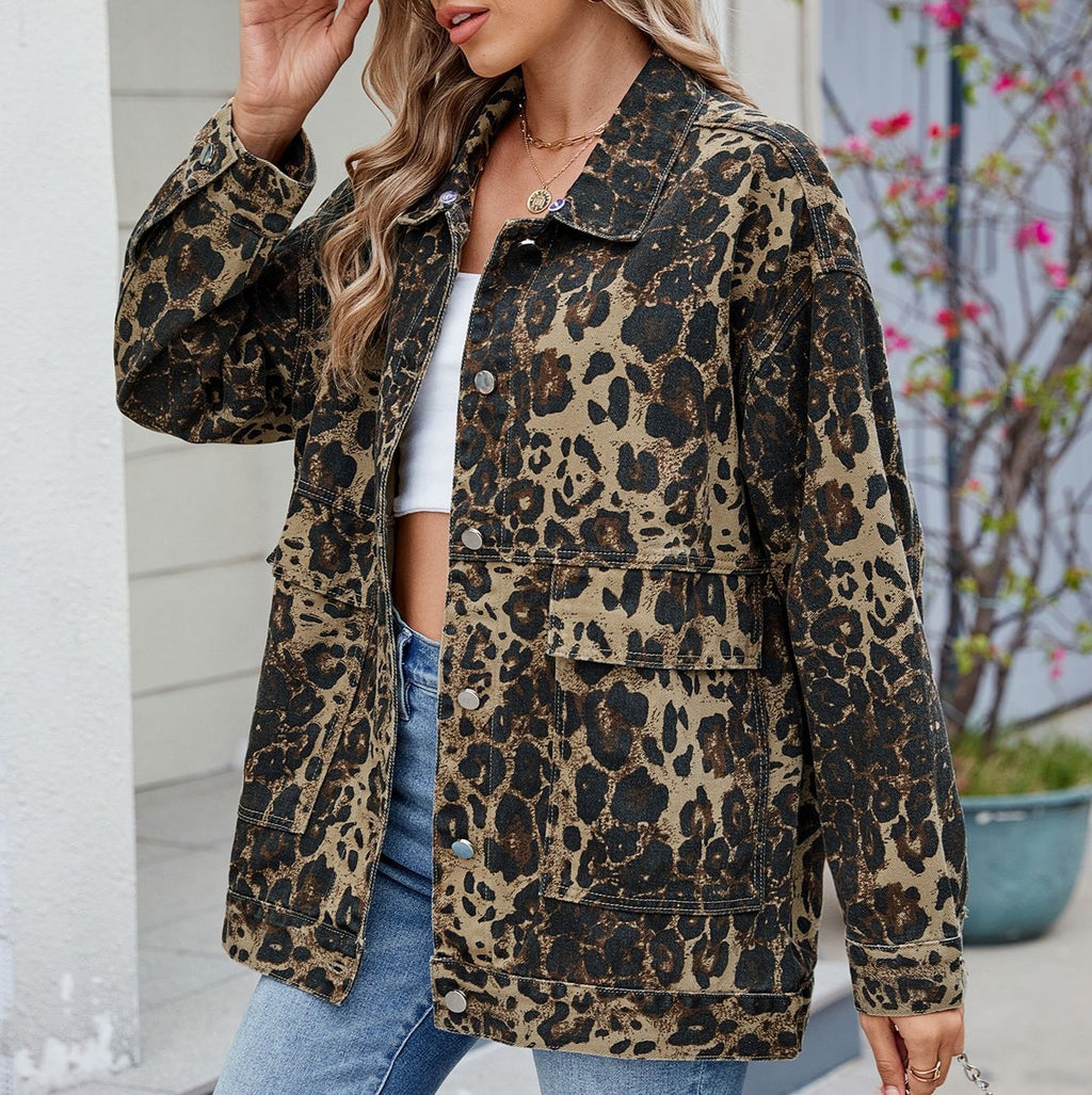Collared Leopard Denim Utility Jacket - Brown - 3