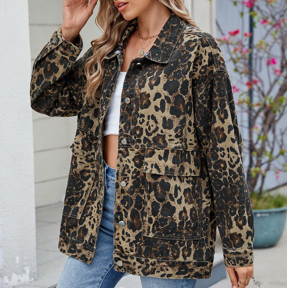 Collared Leopard Denim Utility Jacket - Brown - 3