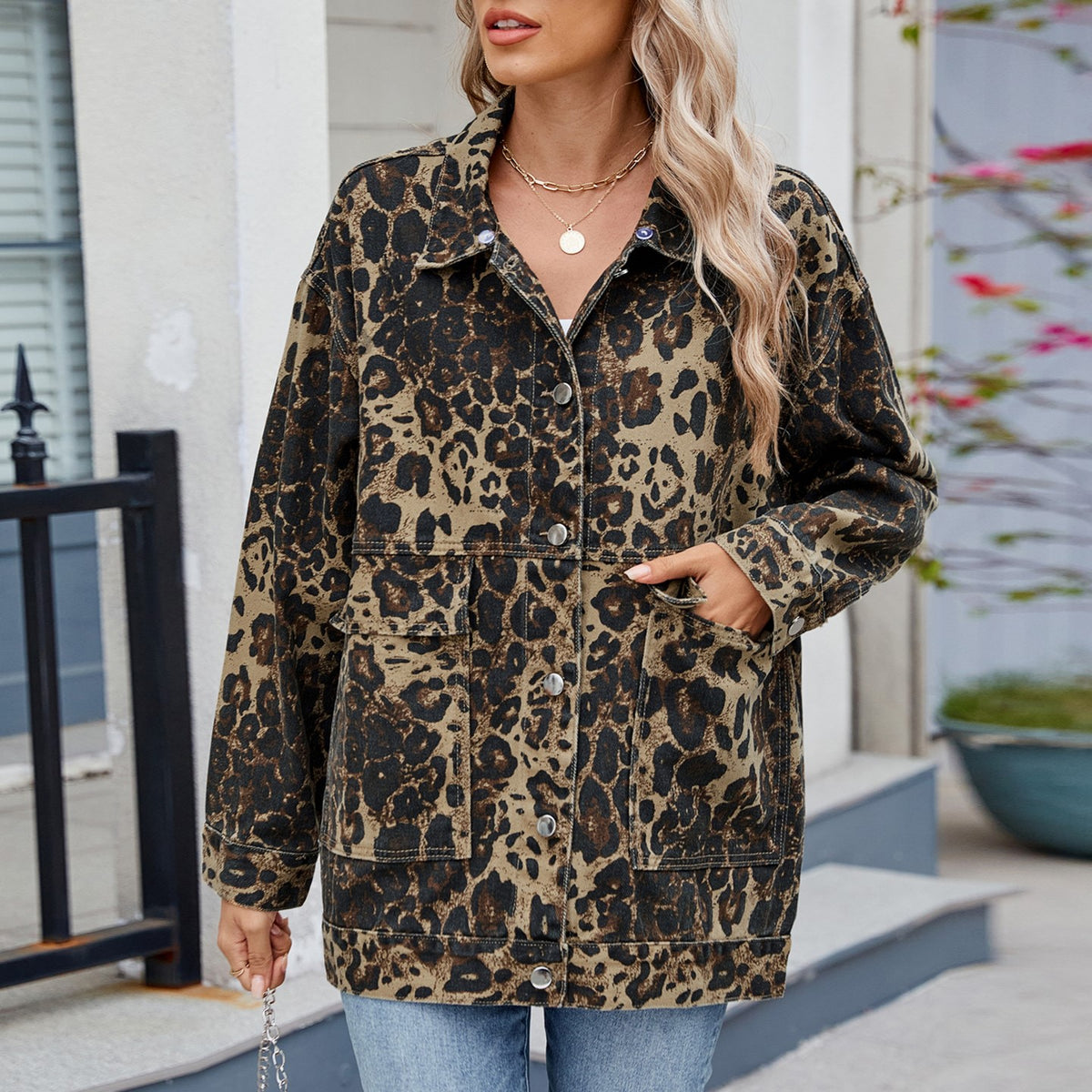 Collared Leopard Denim Utility Jacket - Brown - 4