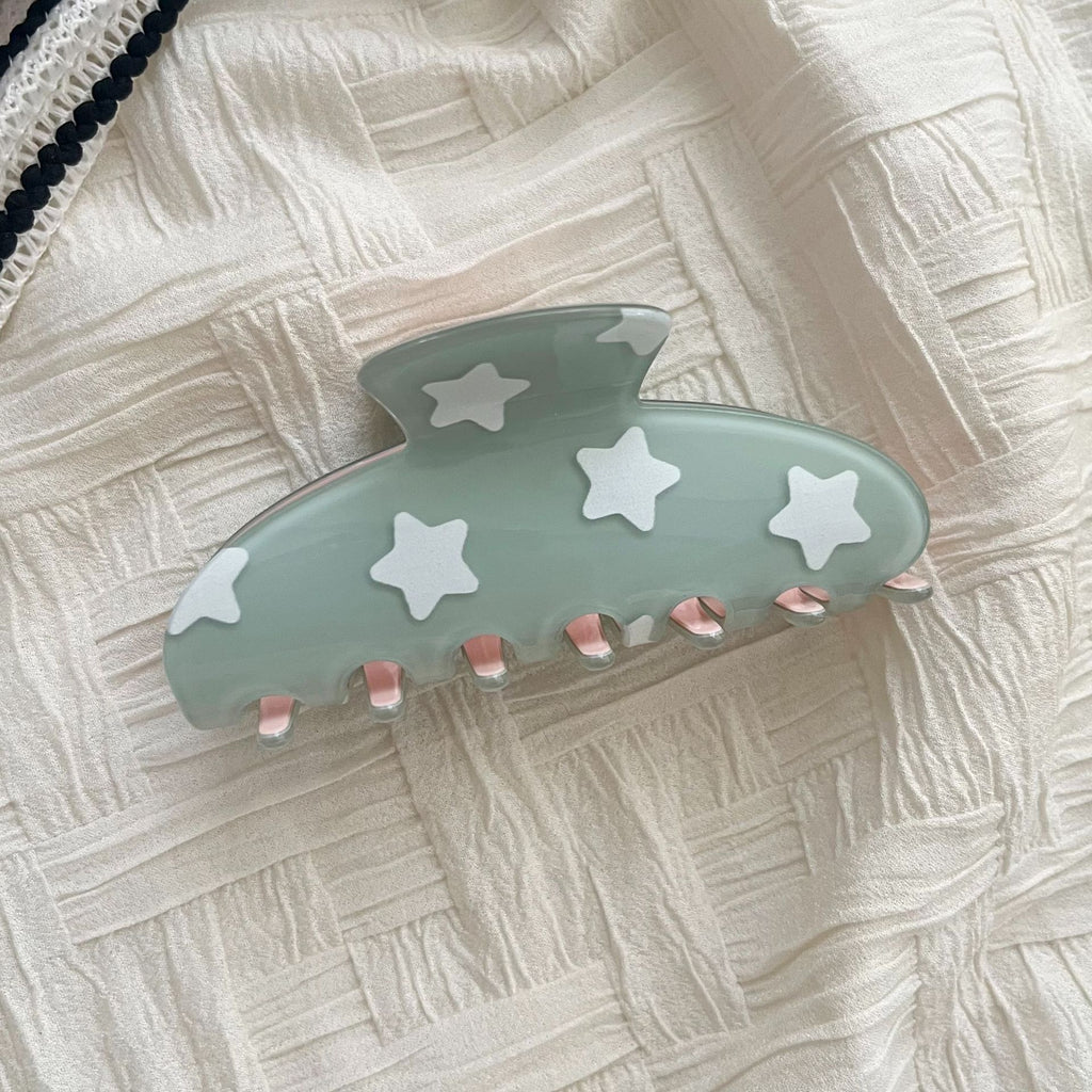 Star Print Large Hair Claw Clip Matte Finish - Green