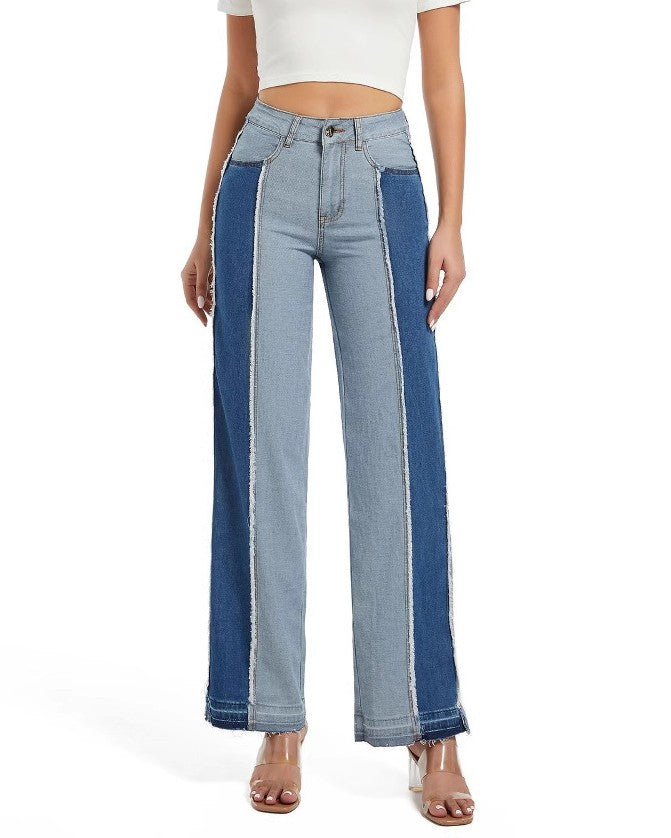 Two Tone Panelled Wide Leg Jeans - Blue
