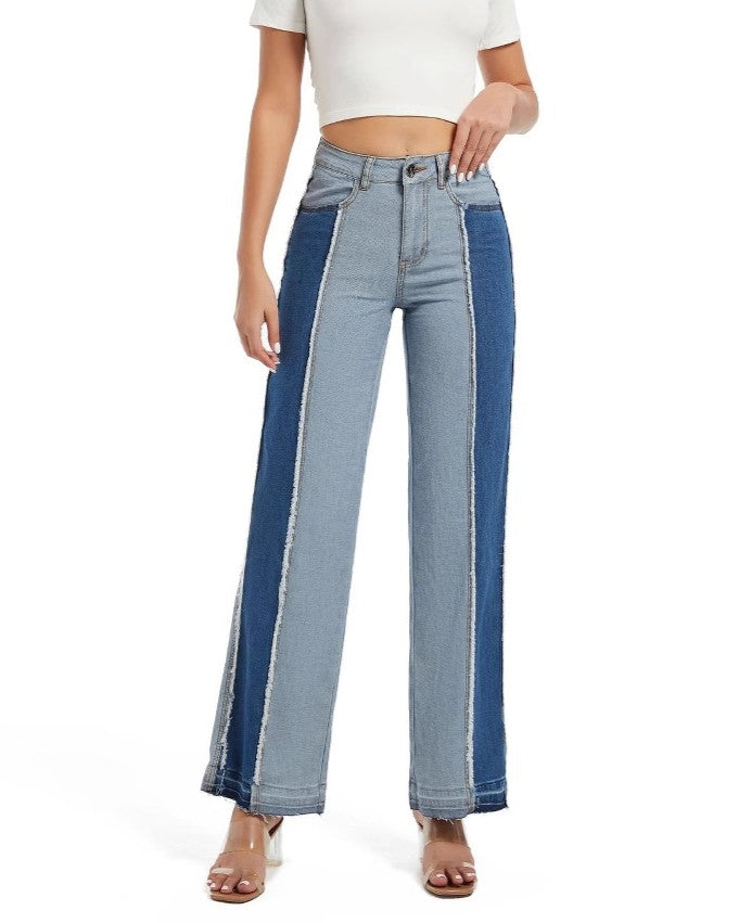 Two Tone Panelled Wide Leg Jeans - Blue - 1