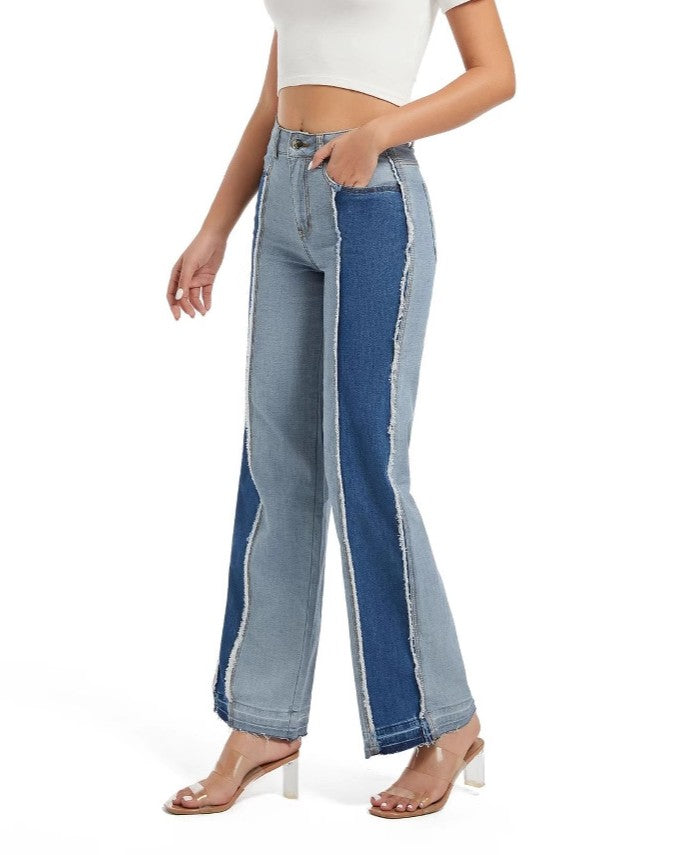 Two Tone Panelled Wide Leg Jeans - Blue - 2