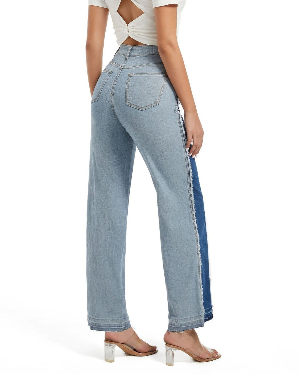 Two Tone Panelled Wide Leg Jeans - Blue - 3