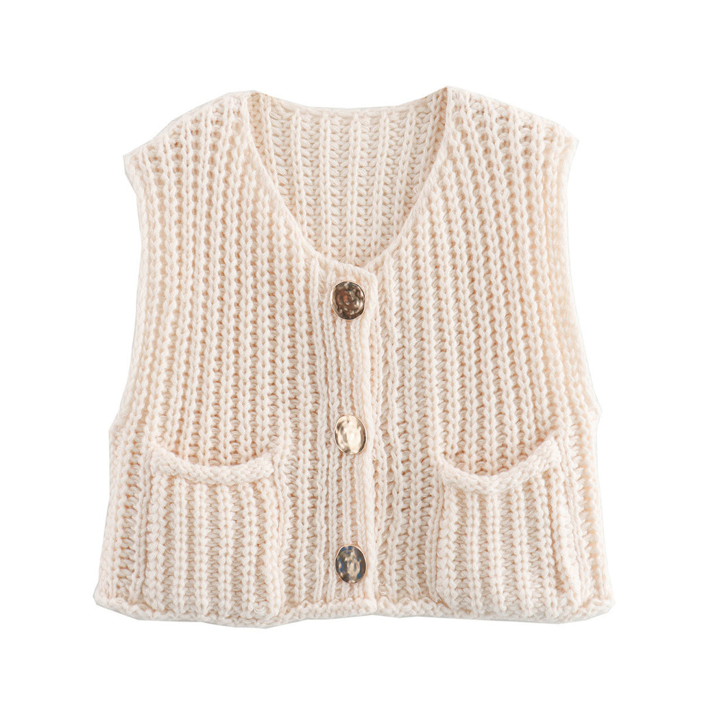 Chunky Knit Button Front Vest With Pockets - Beige
