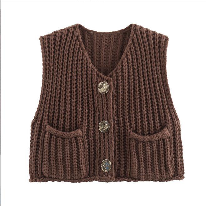 Chunky Knit Button Front Vest With Pockets - Coffee