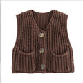 Chunky Knit Button Front Vest With Pockets - Coffee