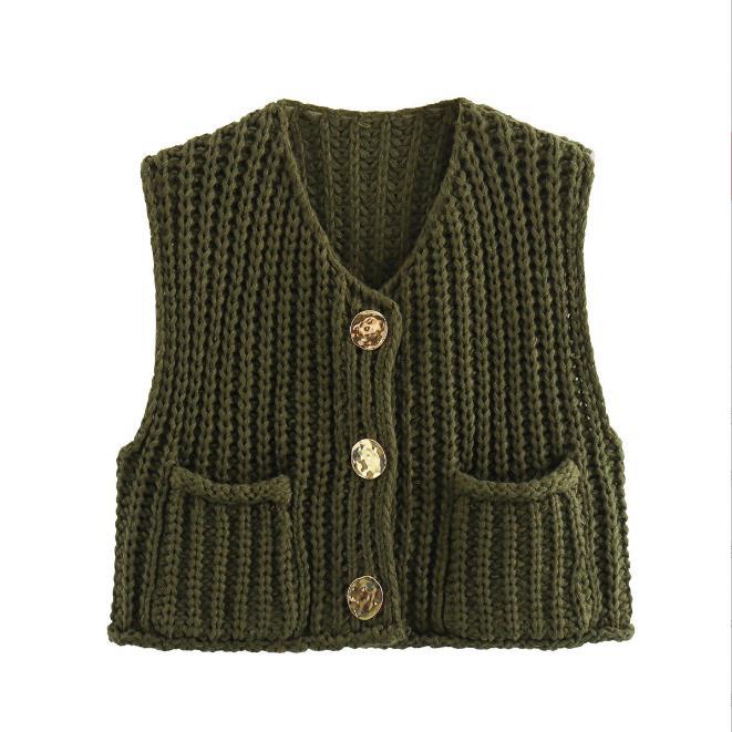 Chunky Knit Button Front Vest With Pockets - DkGreen
