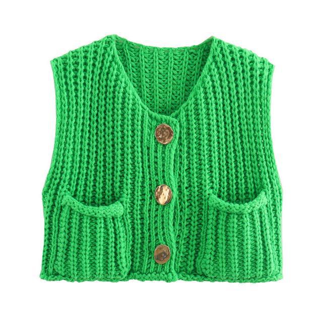 Chunky Knit Button Front Vest With Pockets - Green