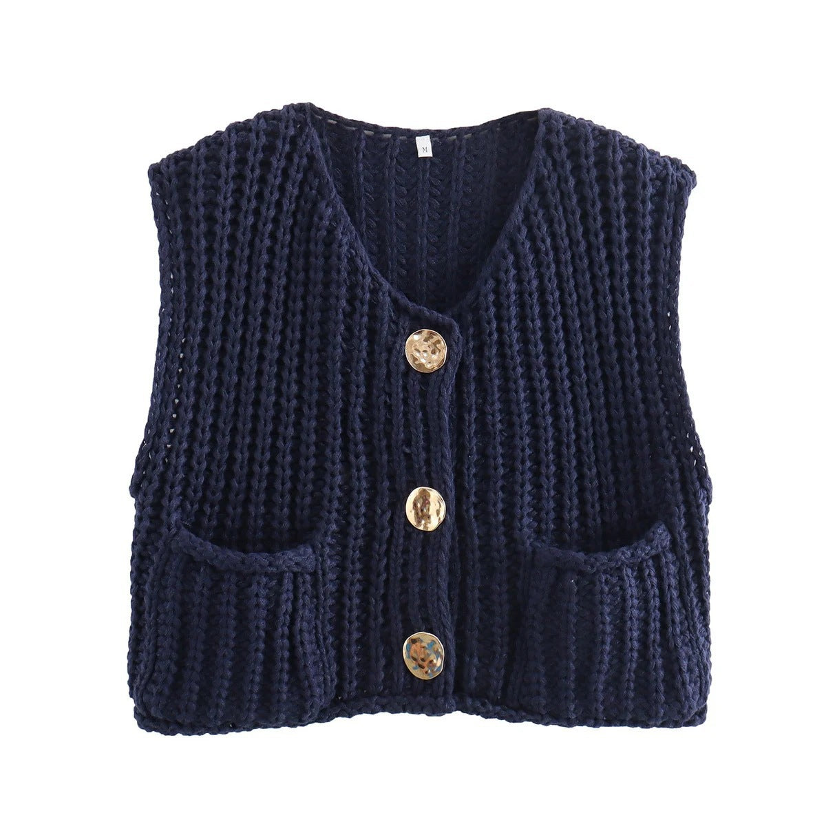 Chunky Knit Button Front Vest With Pockets - NavyBlue