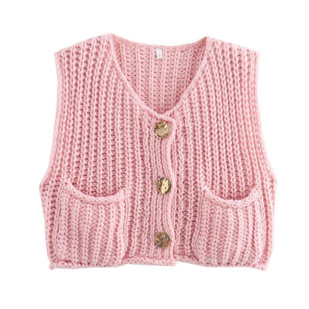 Chunky Knit Button Front Vest With Pockets - Pink