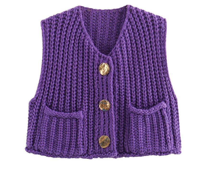 Chunky Knit Button Front Vest With Pockets - Purple