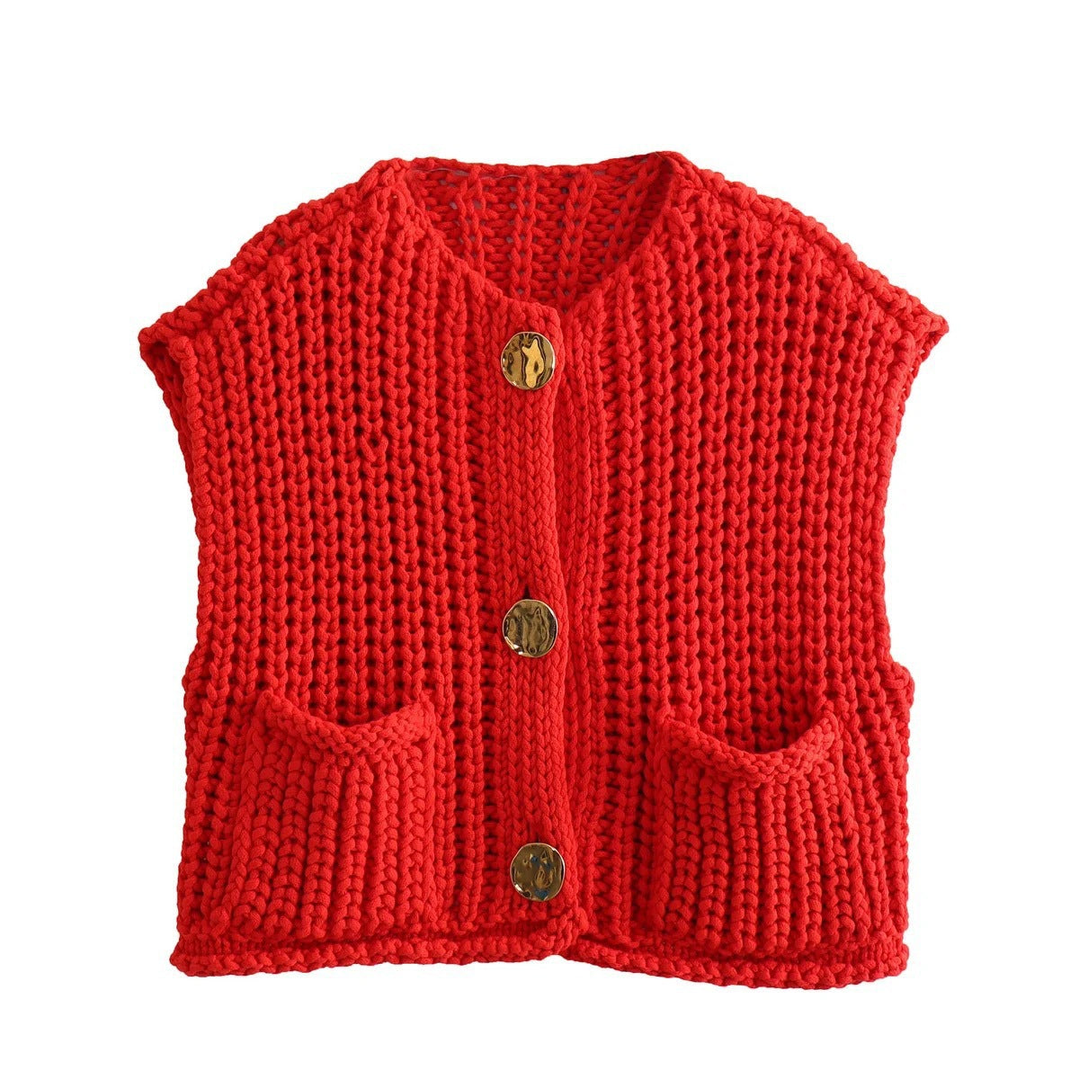 Chunky Knit Button Front Vest With Pockets - Red