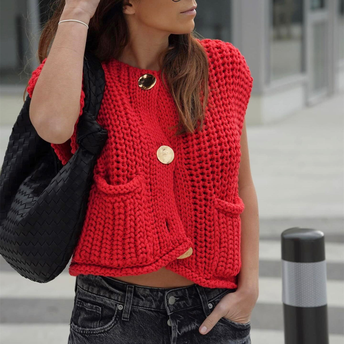 Chunky Knit Button Front Vest With Pockets - Red - 2