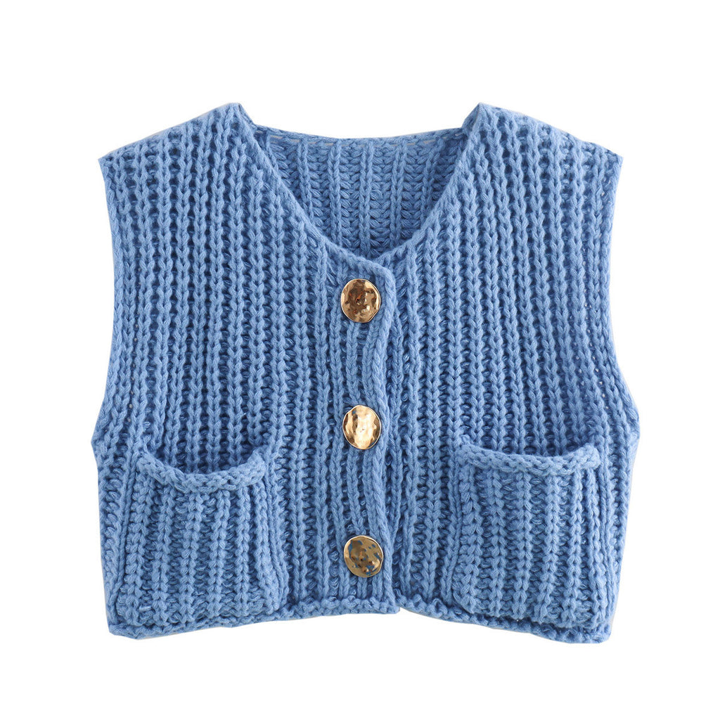 Chunky Knit Button Front Vest With Pockets - SeaBlue - 1