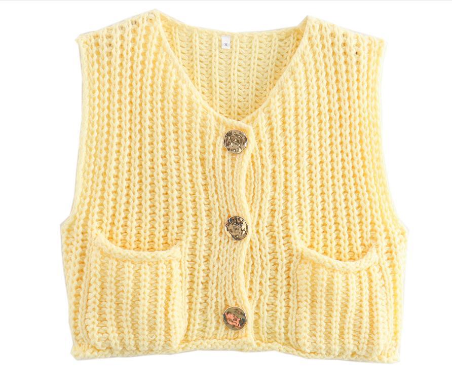 Chunky Knit Button Front Vest With Pockets - Yellow