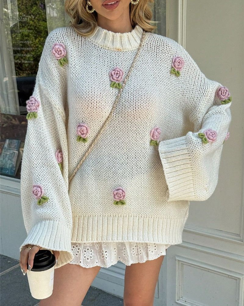 Rosette Applique Oversized Knit Sweater - Apricot