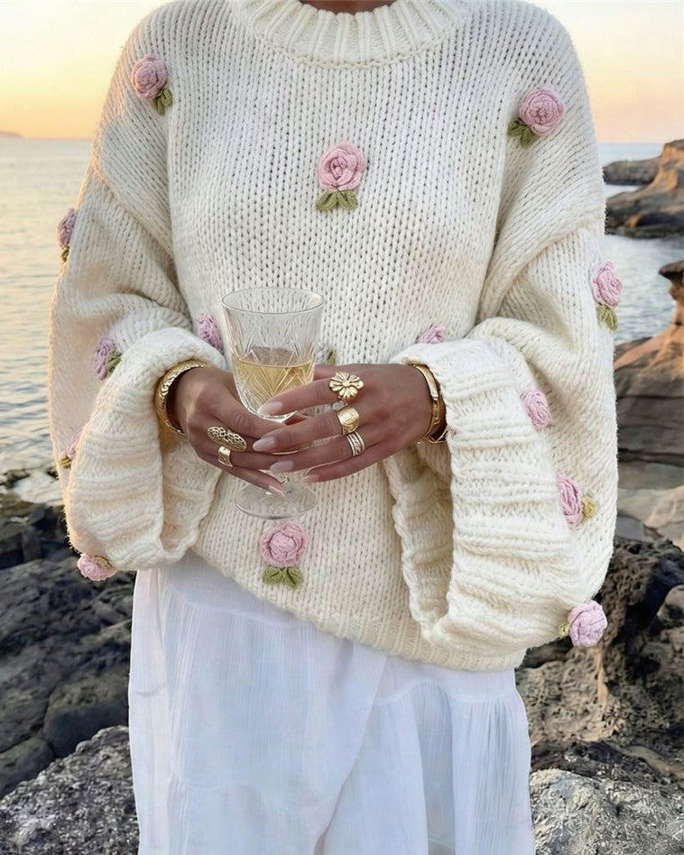 Rosette Applique Oversized Knit Sweater - Apricot - 1