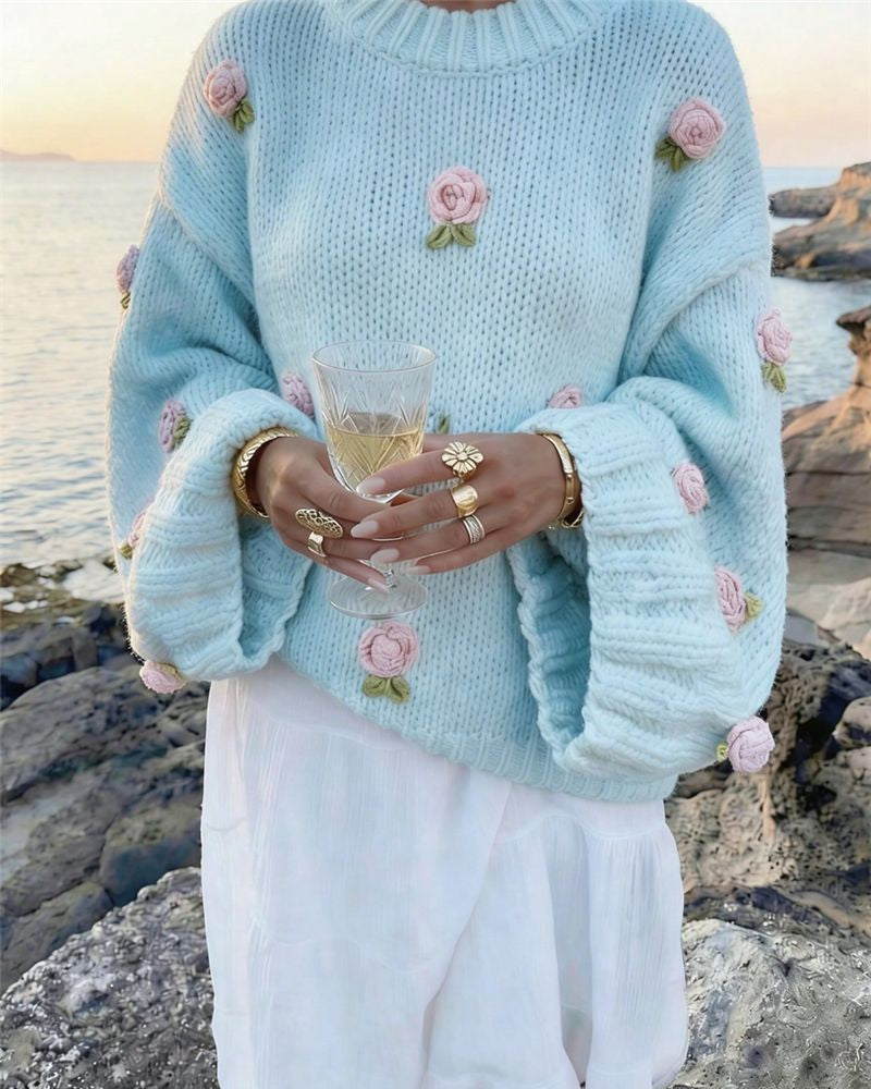 Rosette Applique Oversized Knit Sweater - Blue