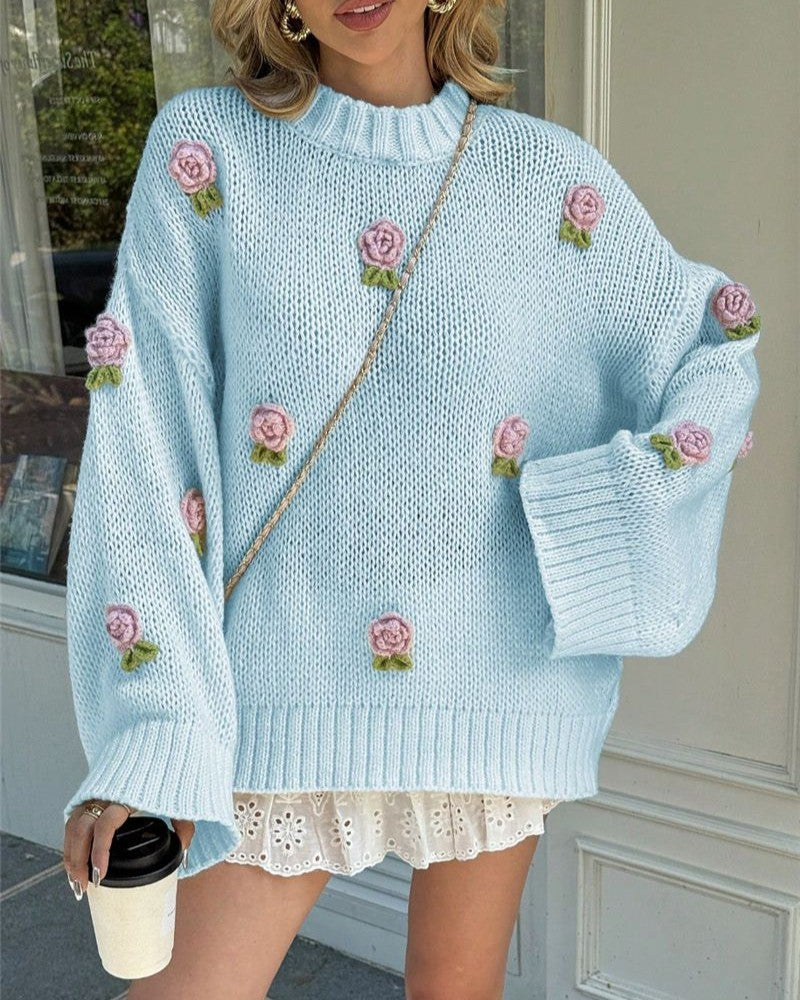 Rosette Applique Oversized Knit Sweater - Blue - 1