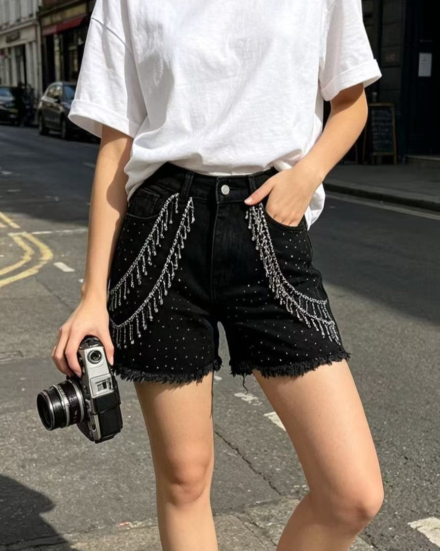 Frayed Hem Denim Shorts With Draped Chains - Black