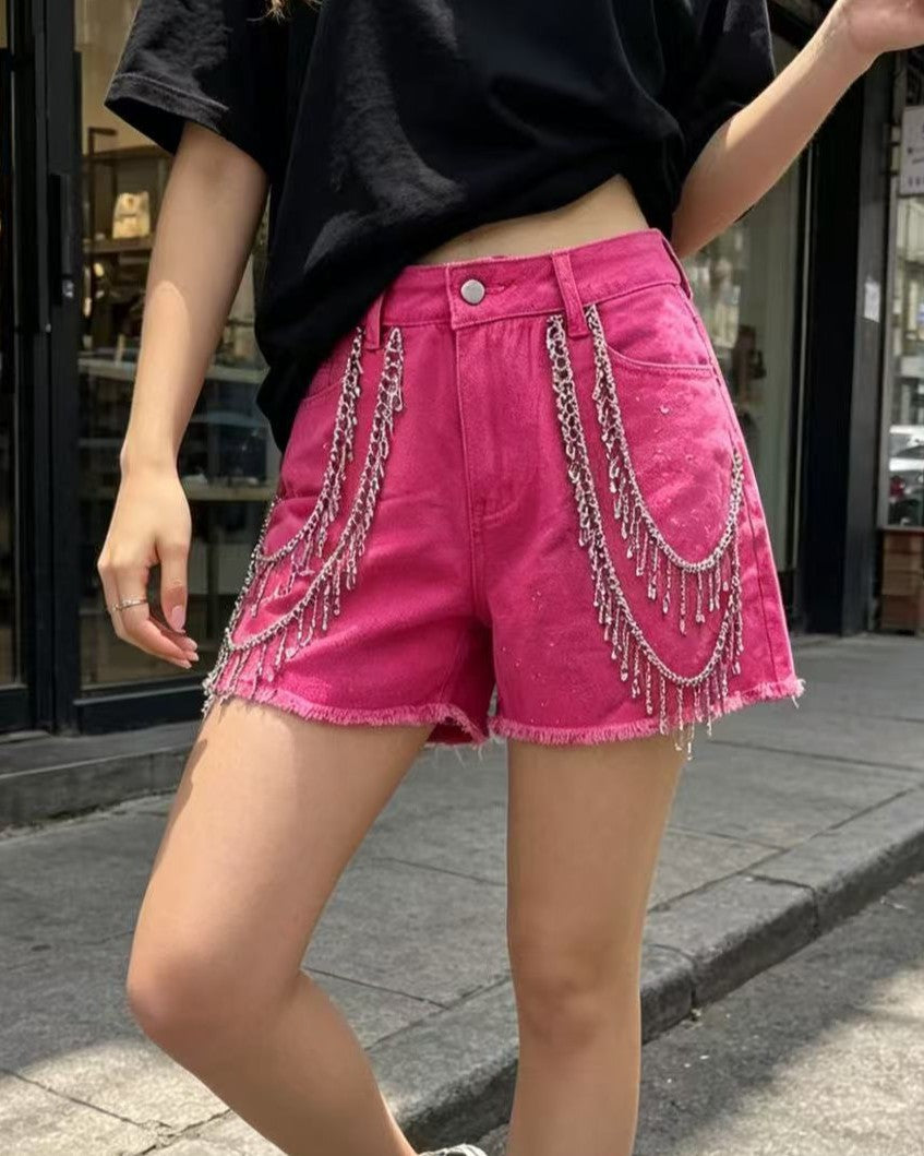 Frayed Hem Denim Shorts With Draped Chains - Pink