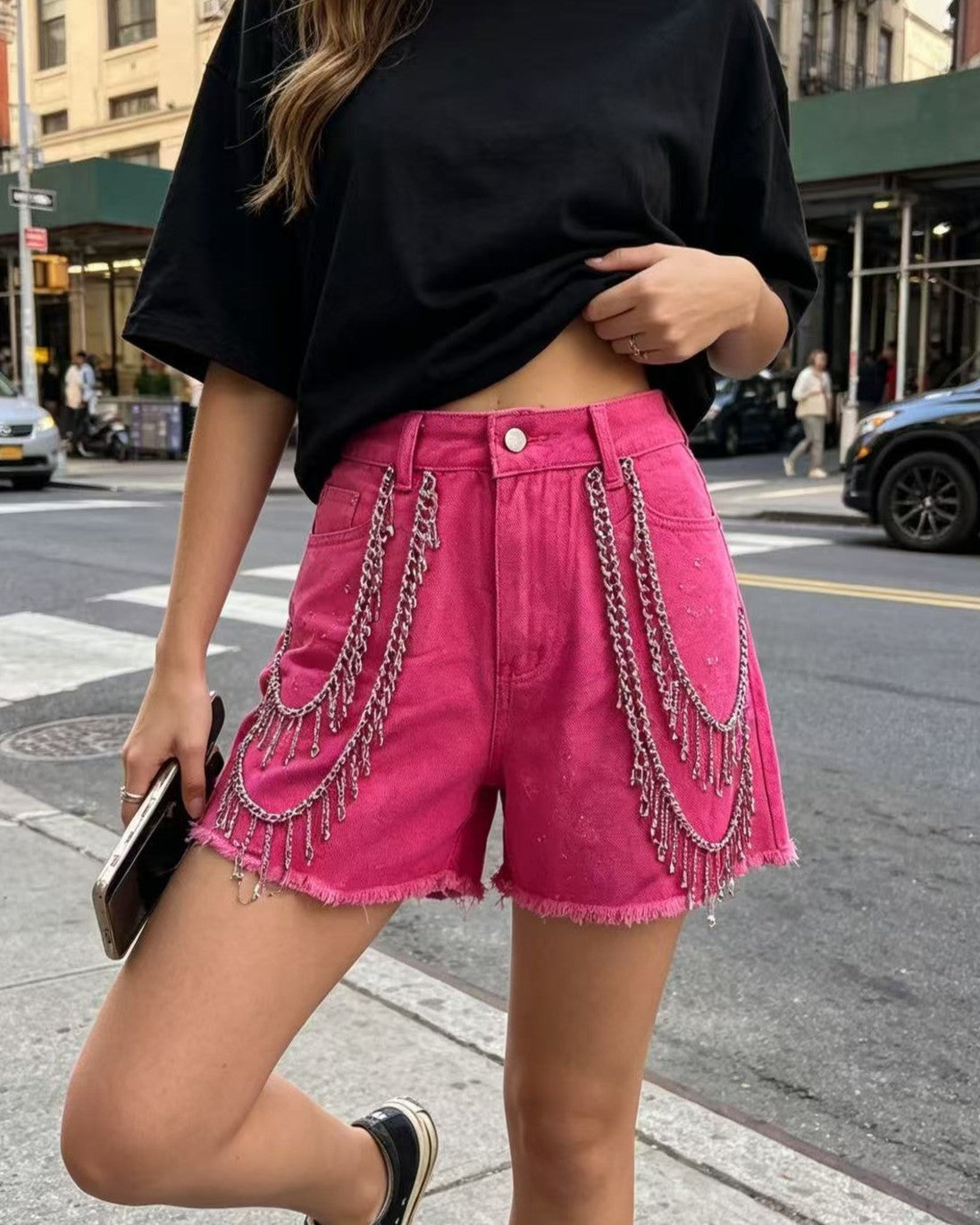 Frayed Hem Denim Shorts With Draped Chains - Pink - 1