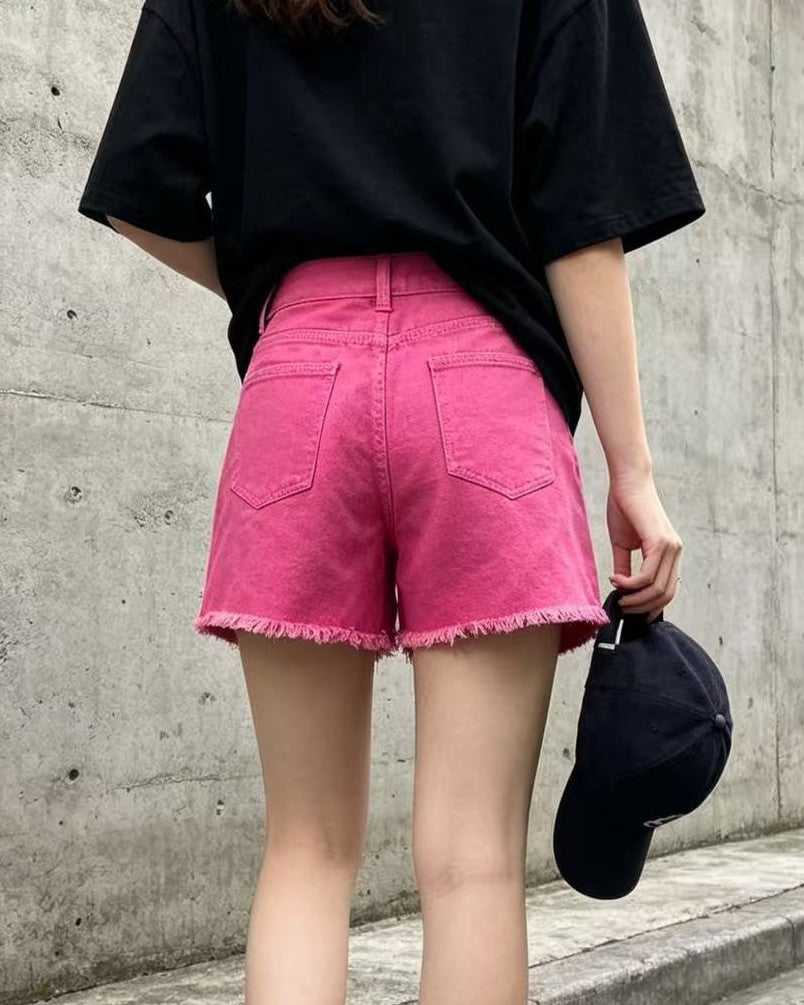 Frayed Hem Denim Shorts With Draped Chains - Pink - 2
