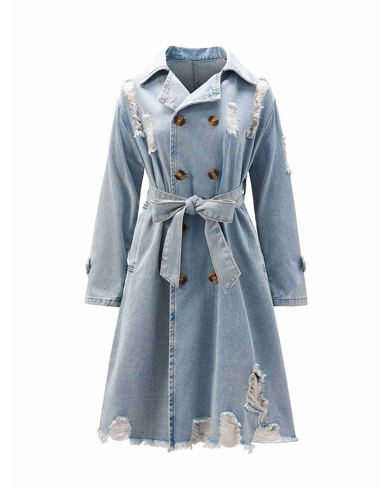Belted Distressed Denim Trench Coat - Blue