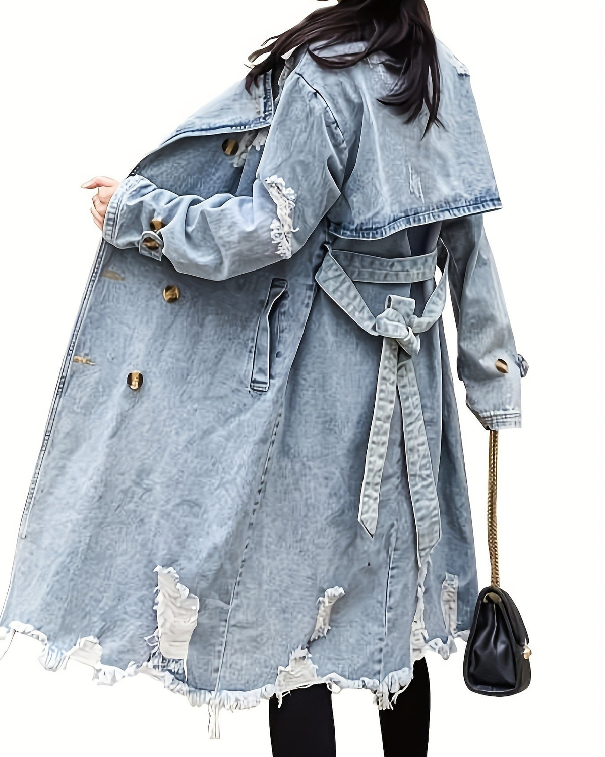 Belted Distressed Denim Trench Coat - Blue - 1