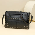 Studded Faux Leather Envelope Clutch with Strap - Black