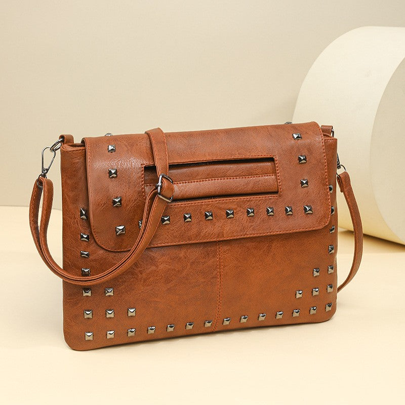 Studded Faux Leather Envelope Clutch with Strap - Cognac