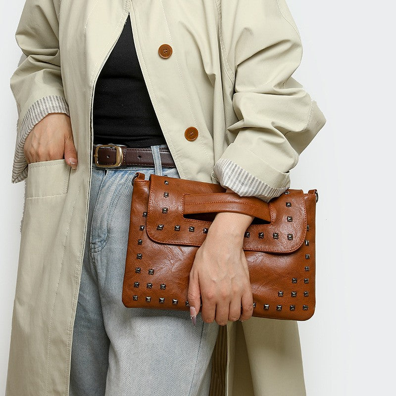 Studded Faux Leather Envelope Clutch with Strap