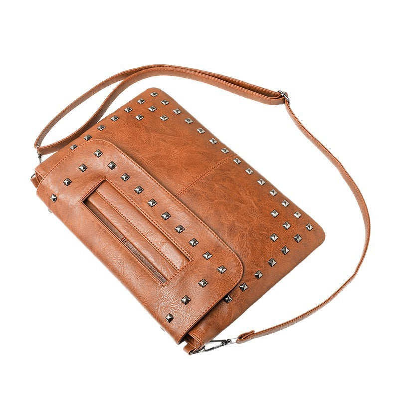 Studded Faux Leather Envelope Clutch with Strap