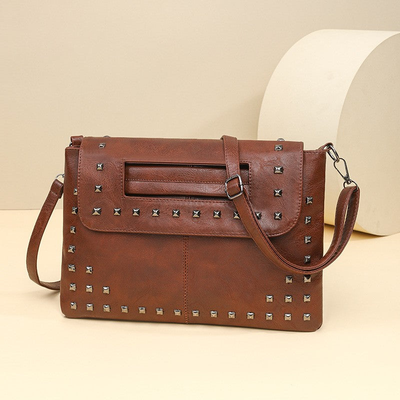 Studded Faux Leather Envelope Clutch with Strap
