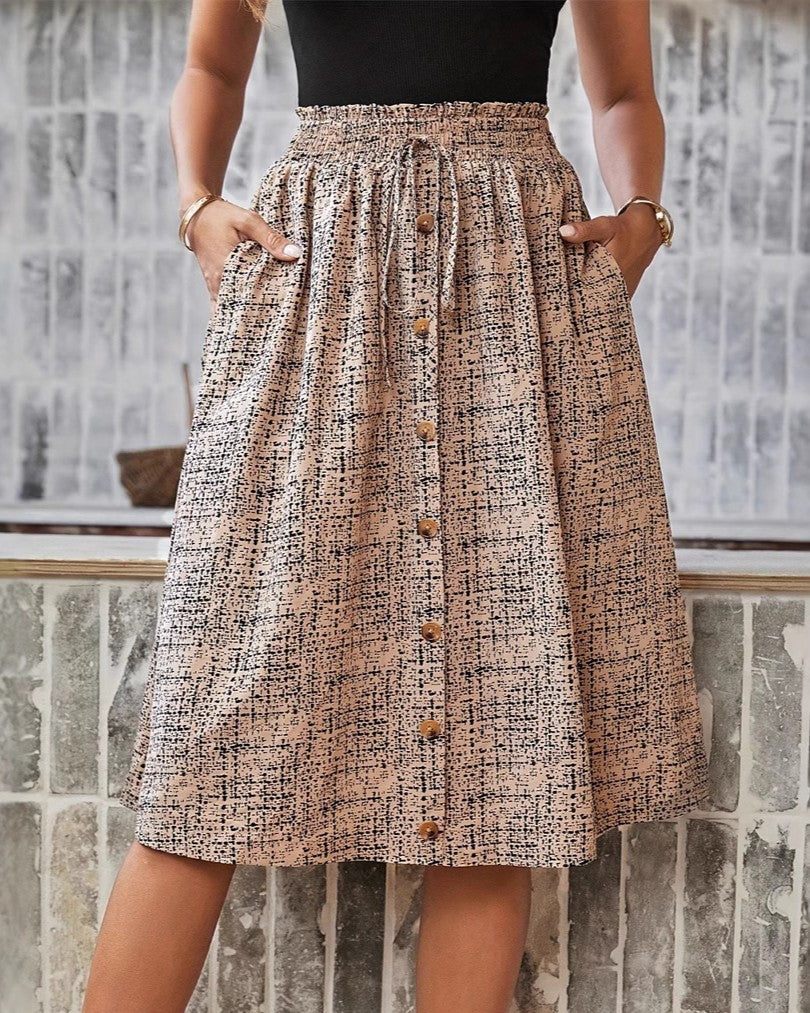 Printed Button Front Midi Skirt With Pockets - Khaki - 1
