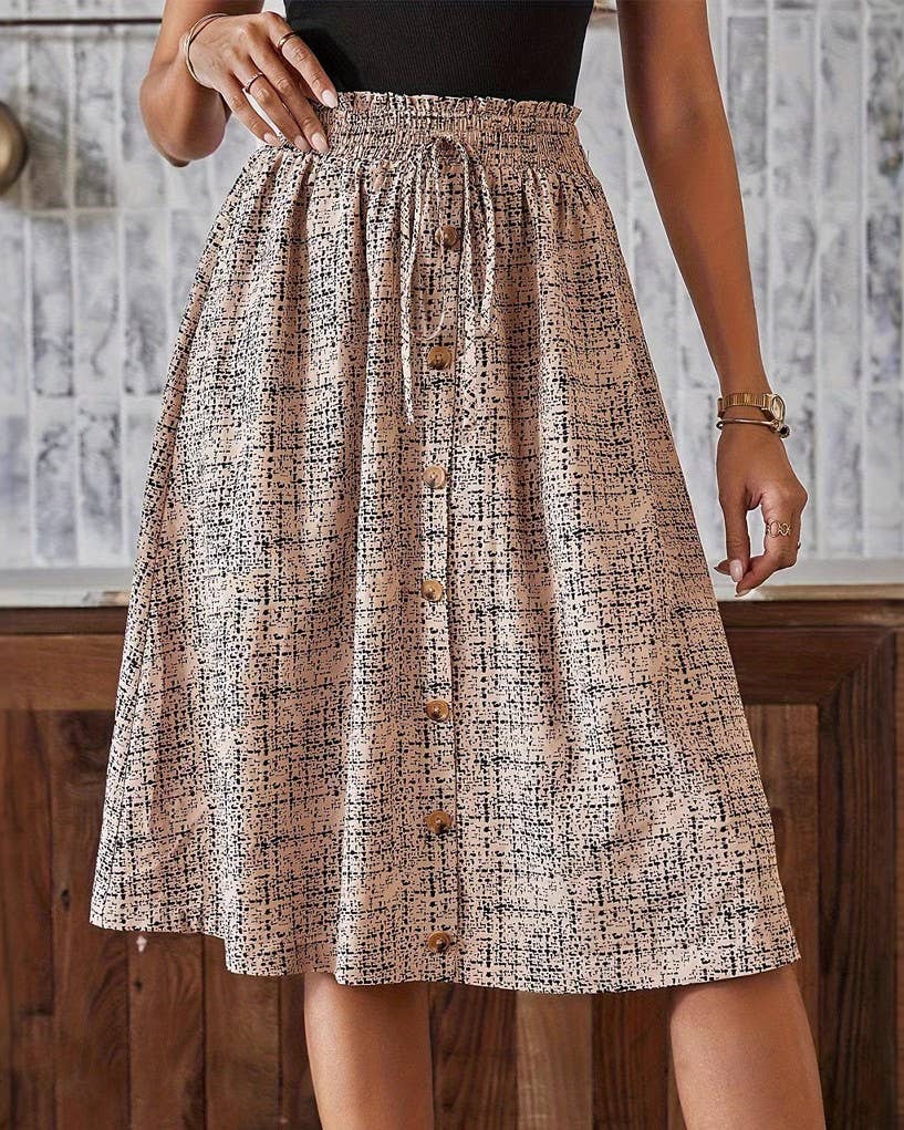 Printed Button Front Midi Skirt With Pockets