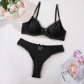 Ruffle Trim Sheer Mesh Underwire Bra And Panty Set - Black