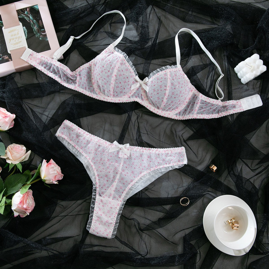 Ruffle Trim Sheer Mesh Underwire Bra And Panty Set - Pink Ditsy